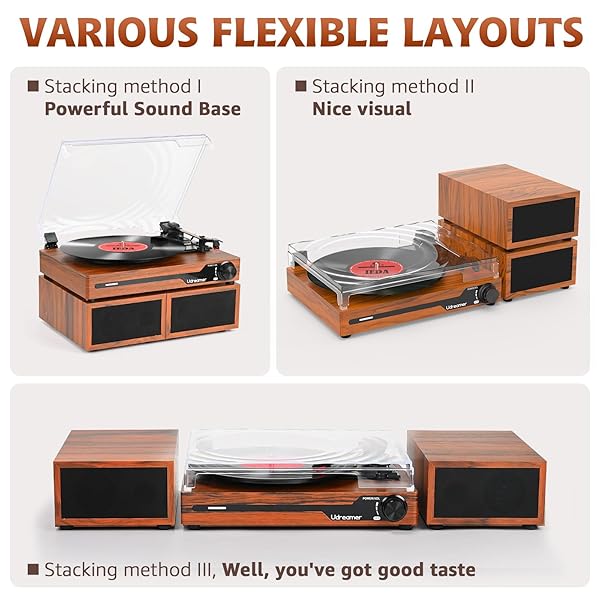 VINYL RECORD PLAYER WITH SPEAKERS,BLUETOOTH PORTABLE TURNTABLE FOR VINYL RECORDS,PHONOGRAPH LP PLAYER WITH 3 SPEED USB RCA IN VINTAGE BROWN