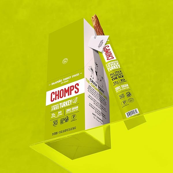CHOMPS JALAPEÑO TURKEY JERKY MEAT SNACK STICKS 10-PACK – KETO, PALEO, LOW CARB, WHOLE30 APPROVED, 12G LEAN MEAT PROTEIN, GLUTEN FREE, ANTIBIOTIC FREE, ZERO SUGAR FOOD