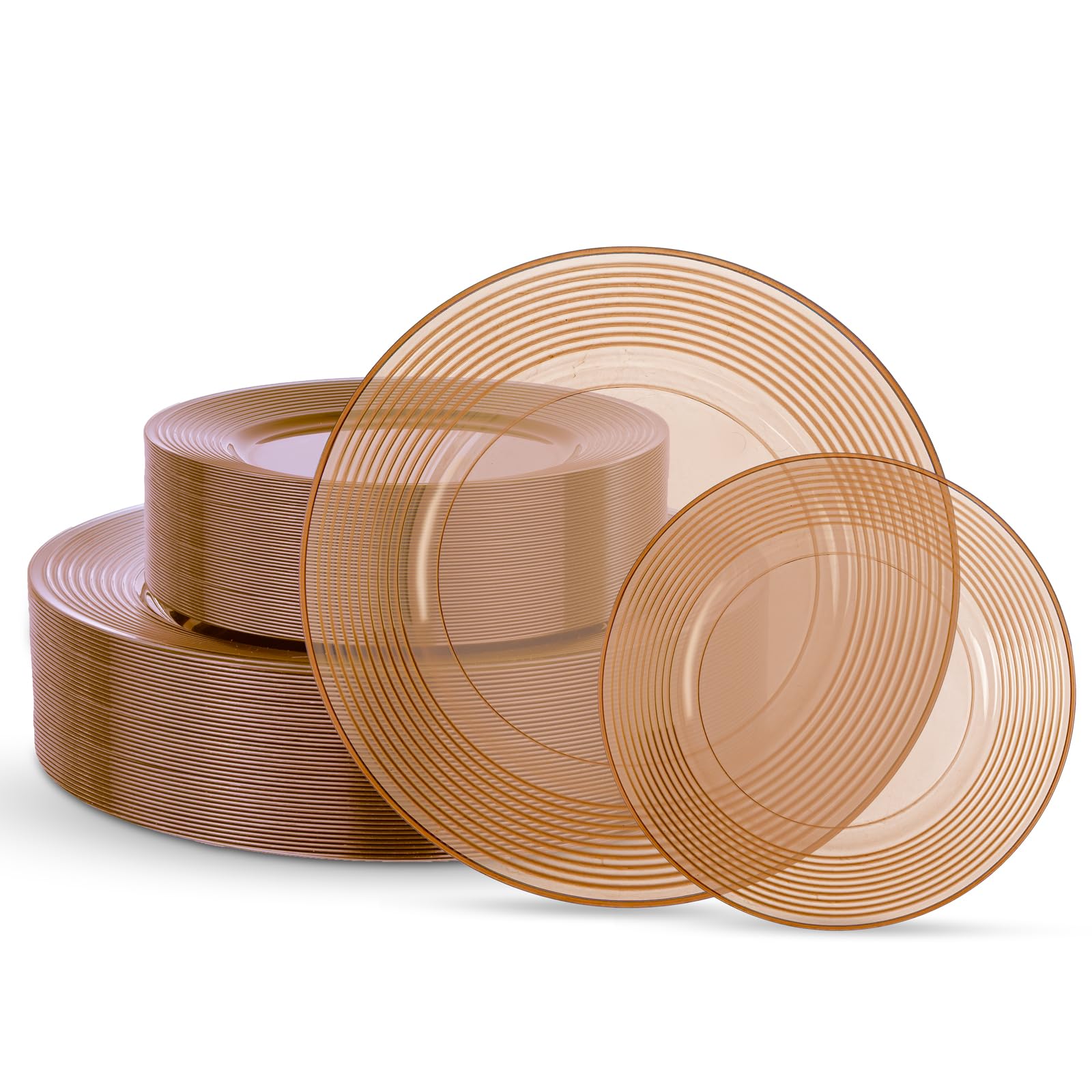 Photo 1 of FLOWERCAT 100PCS Clear Brown Plastic Plates - Heavy Duty Plastic Plates Disposable for party &Wedding - Serve for 50Guests party (10inch & 7inch)(Mocha Mousse)