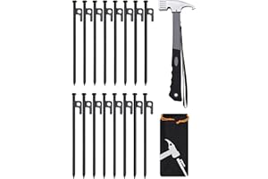 LFSEMINI 16pcs Tent Stakes and Hammer Set, 10in Heavy Duty Forged Steel Tent Stakes + Camping Hammer + Storage Pouch, Available in Rocky Place (16pcs 10in Stakes+Hammer)