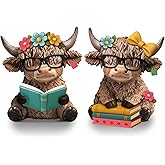 Wesiti 2 Pcs Highland Cow Figurines Spring Sunflower Highland Cow Gnomes Scottish Resin Statue Calf Lovers Gifts for Summer Home Garden Kitchen Office Tiered Tray Table Decor (Reading)