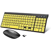 HXMJ-Wireless Large Print Keyboard and Mouse Set with USB Receiver| Quiet Scissor Switch | for Seniors and Visually Impaired Low Vision Individuals-Yellow
