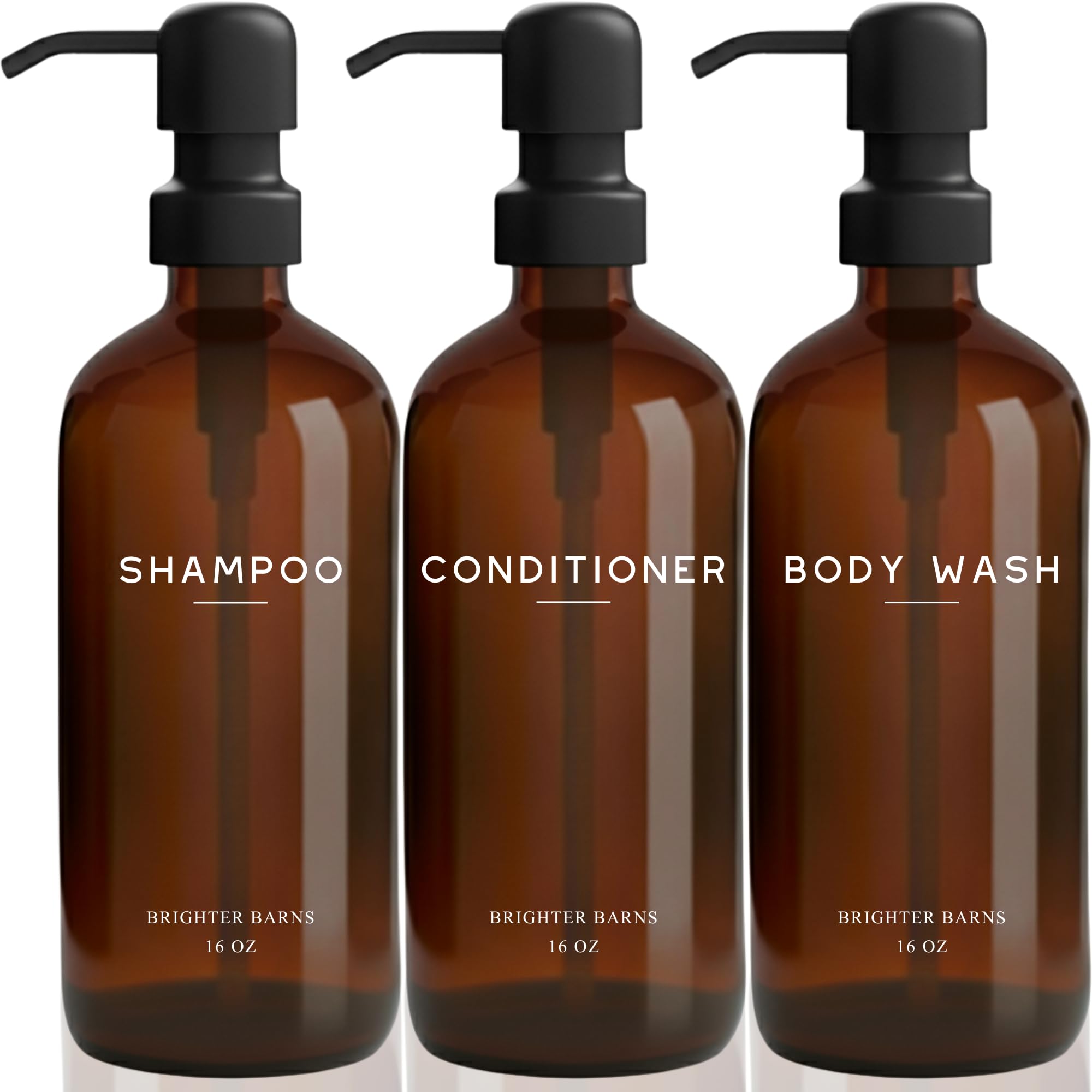 Amber Shampoo and Conditioner Dispenser Set by Brighter Barns - Body Wash and Shampoo Bottles with Pump - Refillable Plastic Shower Dispenser for Modern Bathroom Decor in Vacation Rental, Spa (Amber)