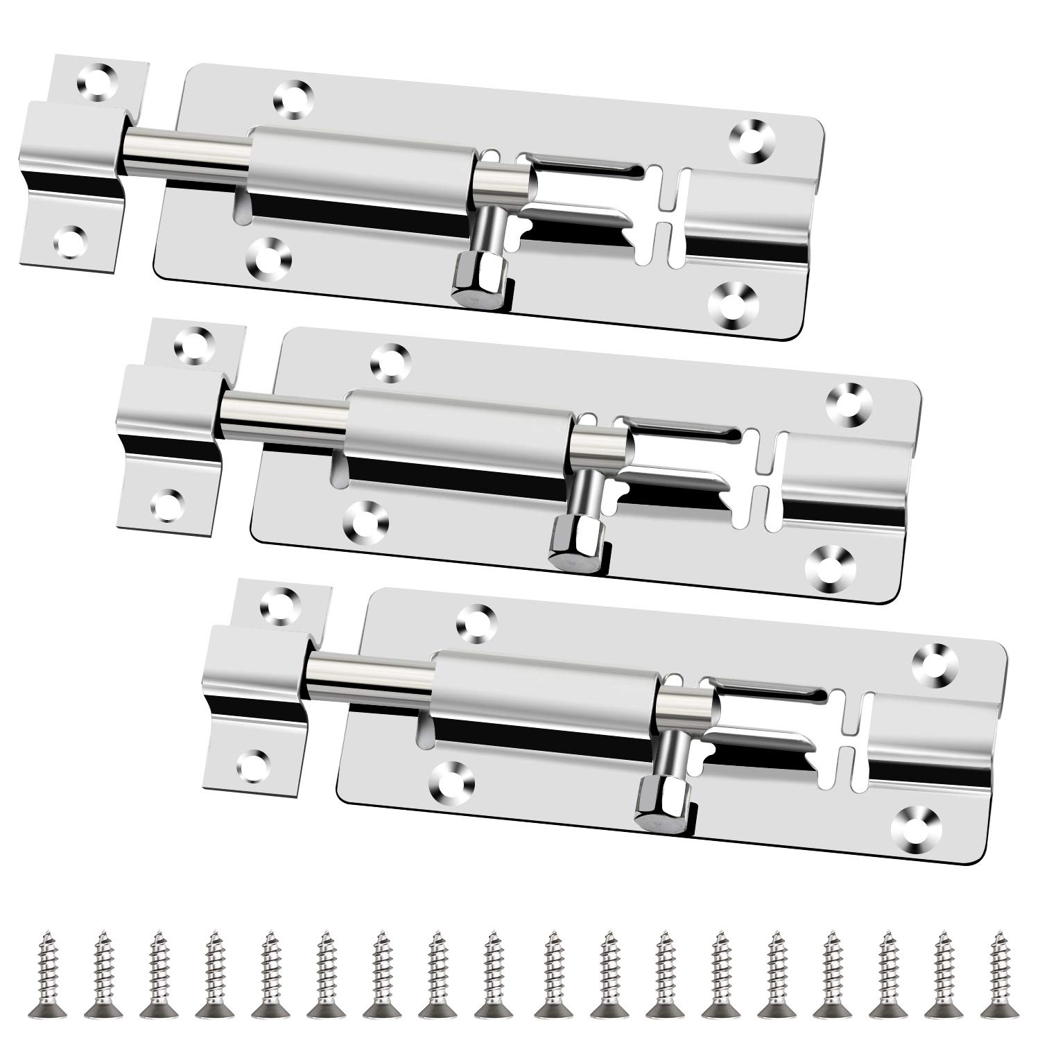 Drado Door Bolts, 3 Pack 4 Inch Silver 304 Stainless Steel Latch Sliding Door Lock Bolts with Screws for All Type of Internal Doors