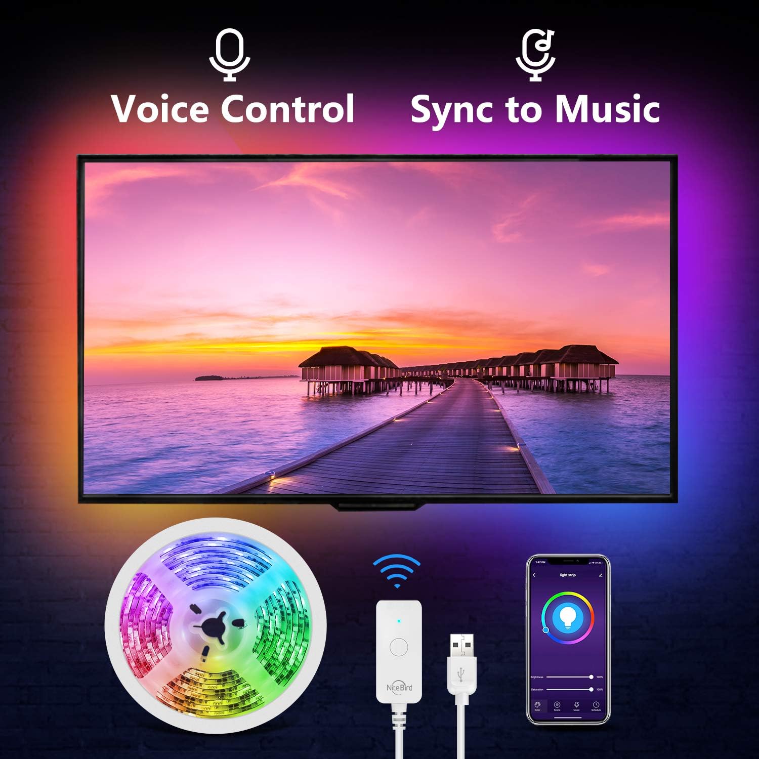 NiteBird Smart TV Backlight Work with Alexa Google Home,Sync to Music WiFi LED TV Light 9.2Ft Kit for 32'' to 60'' TV, Waterproof 5050 RGB Strip Light with Controller, Dimmable