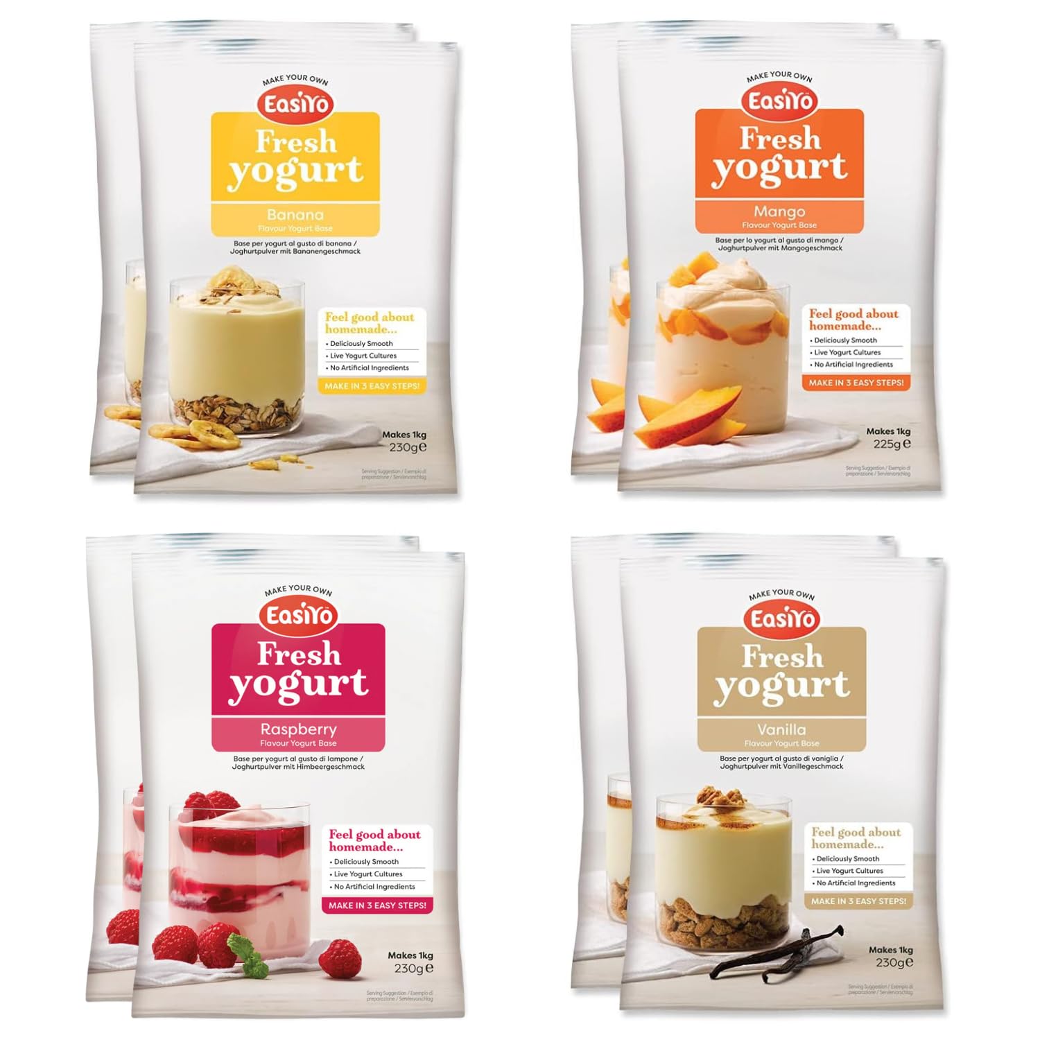 EasiYo Yogurt 8 Sachet Pack | EasiYo Everyday Mixed Pack | 2 x Banana 2 x Mango 2 x Raspberry 2 x Vanilla | Each Sachet Makes 1kg of Yoghurt