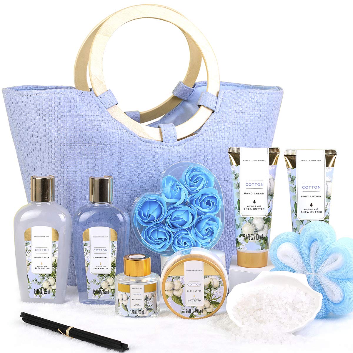 Christmas Gift Set for Women- 10pcs Cotton Scent Gift Box in Exquisite Tote Bag, Shower Gel, Bath Salts, Reed Diffuser, Best Gift Baskets for Women's Valentine, Birthday : Beauty