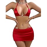 SOLY HUX Sexy Lingerie for Women Naughty 3 Piece Satin Halter Bralette,Mini Skirt with G-String Panty Lingerie Sets