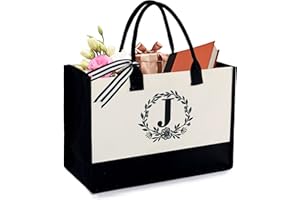 BeeGreen Monogram Initial Canvas Bag with Inner Zipper Pocket Embroidery Personalized Tote for Mom Teacher Friend