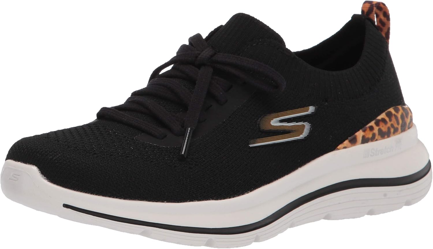 Skechers Women's GO Walk Stretch FIT Trim Sneaker, Black/Leopard, 11