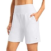 Women's Athletic Shorts with Zipper Pocket 7" High Waisted Stretchy Bermuda Shorts for Women Workout Running Casual