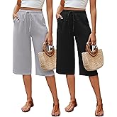 Neer 2 Pack Women's Linen Capris, Summer Drawstring Wide Leg Pants Casual High Waisted Palazzo Trousers with Pockets(Black, Light Grey,X-Large)