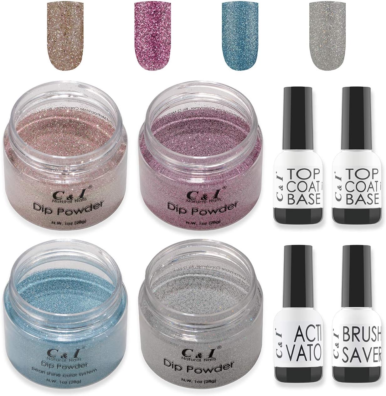C & I Dip Powder Nail Colors & Liquids Set, 4 colors and 4 liquids