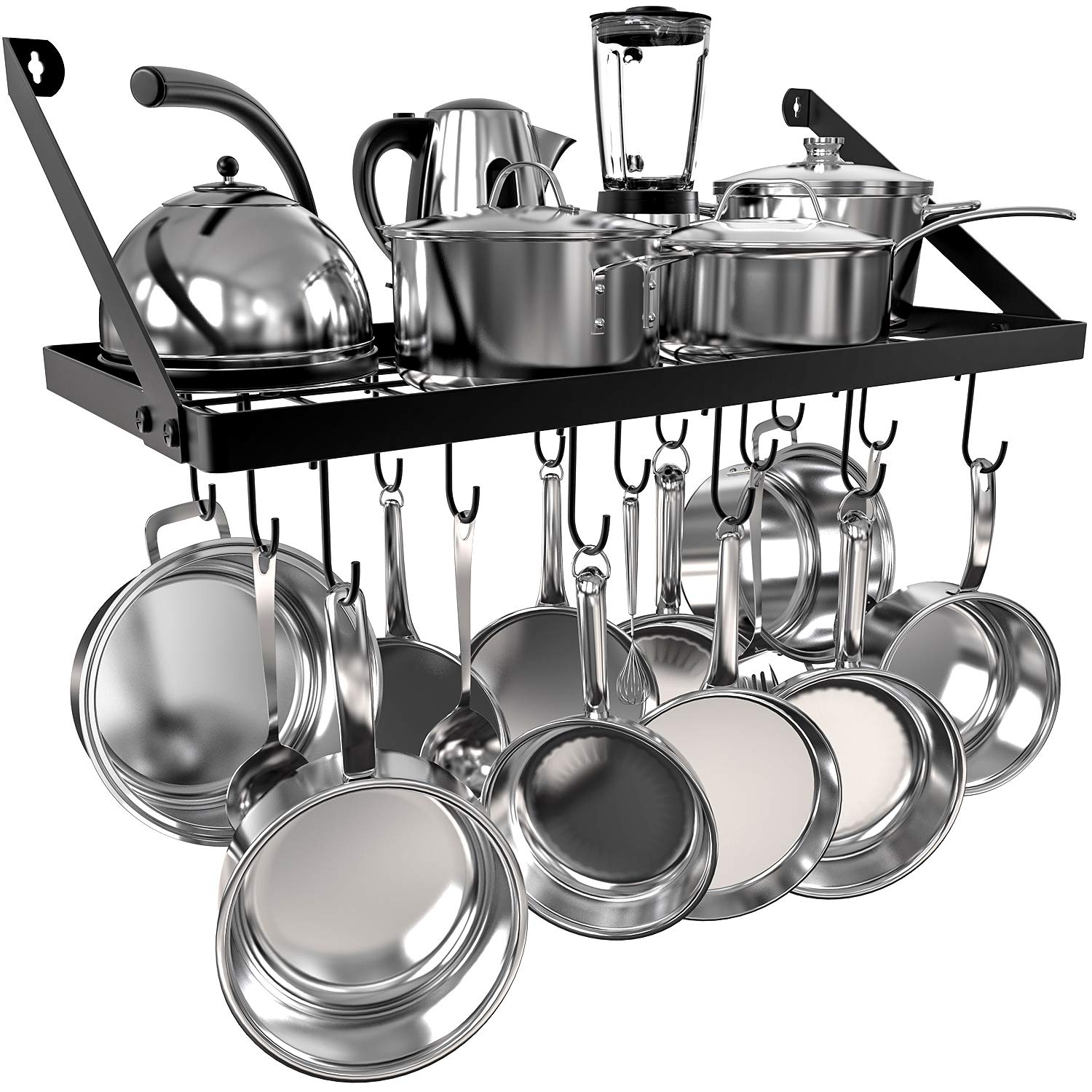 Vdomus Wall Mounted Square Grid Pot Pan Rack, Kitchen Cookware Storage Organizer with 15 Hooks,29.3 by13-inch(Black,Simple)