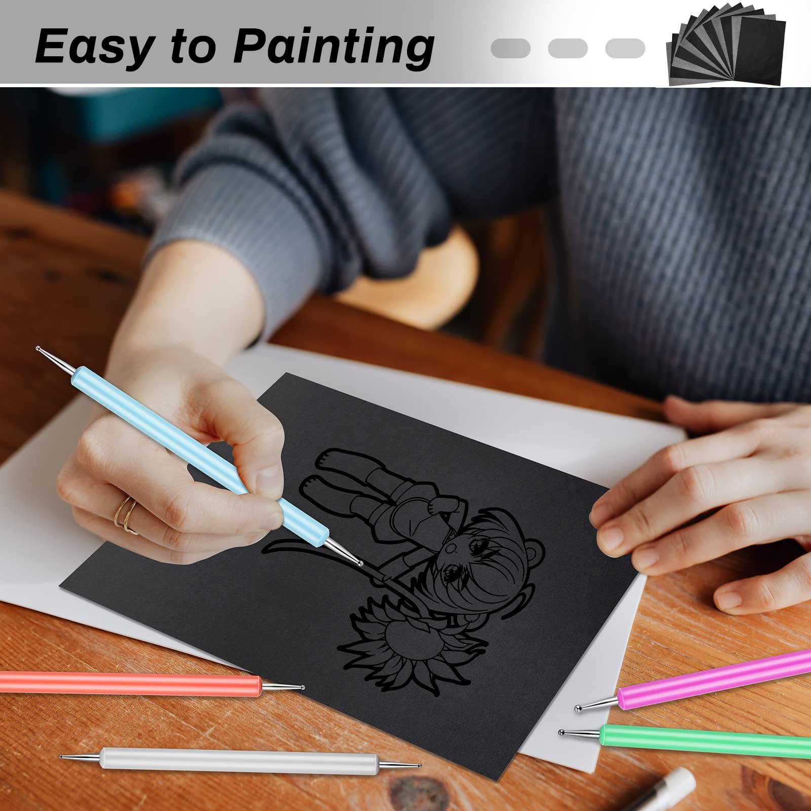 Carbon Transfer Copy Paper with Embossing Stylus Tool for Tracing, Cridoz 30 Sheets Graphite Transfer Tracing Paper with 5 Pcs Embossing Dot Tools for Tracing on Wood, Paper, Canvas (8.5 by 11 Inch)