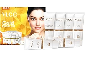 VLCC Gold Facial Kit - Includes 6 Skin Care Products - Cleanser, Face Mask, Face Cream, Gels and Scrub with Hyaluronic Acid a