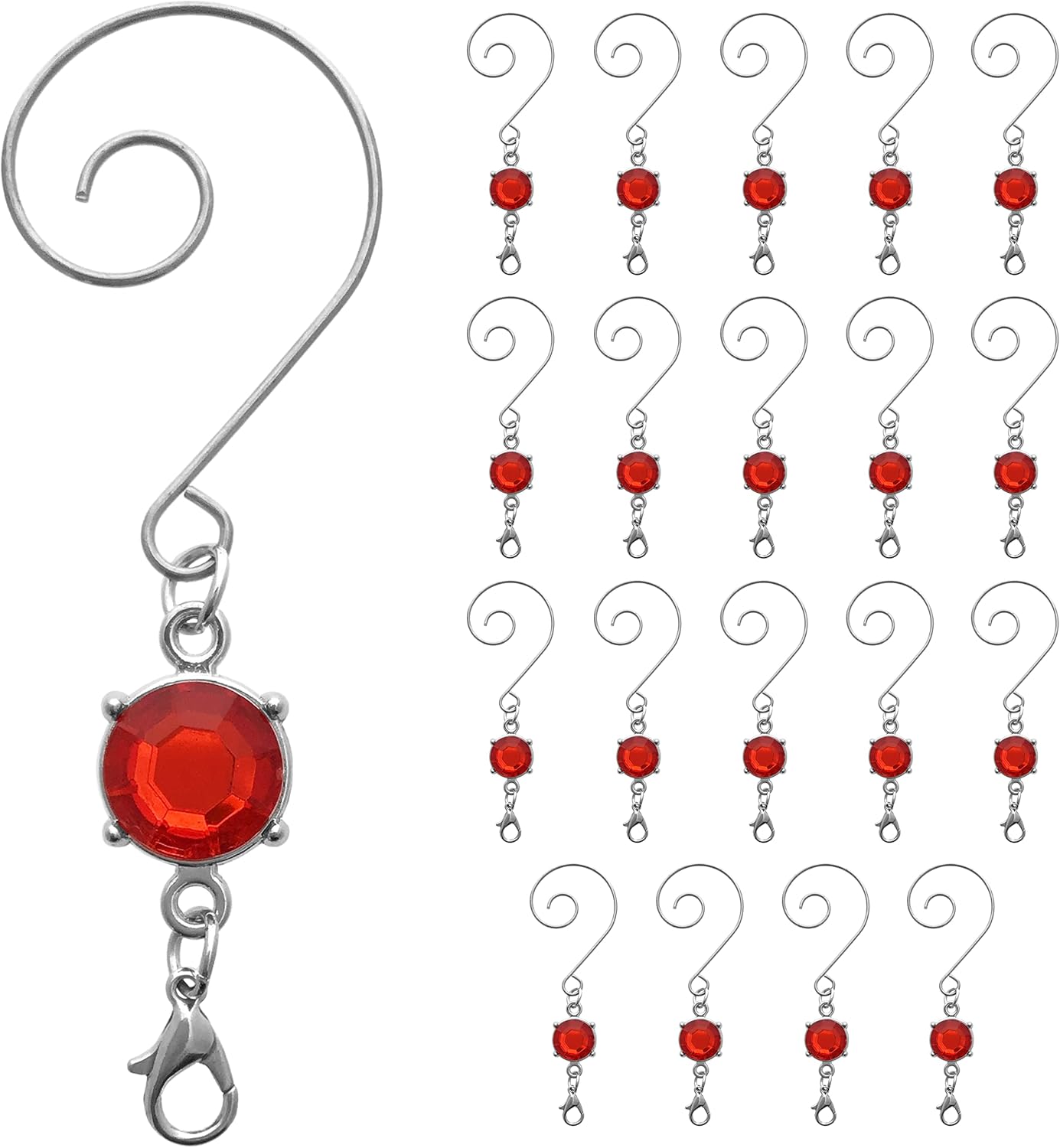 Ornament Hooks - BANBERRY DESIGNS Christmas Ornament Hooks - Red Shiny Gem - Set of 20 Silver Wire Decorative Swirl S-Hooks