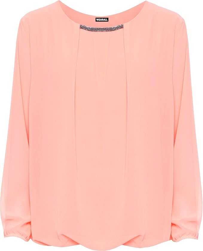 Women's Chiffon Diamante Lined Bubble Hem Long Sleeve Sheer Party Ladies Top 1424 (XL (UK 1416