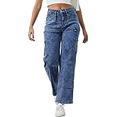 Sweezarmo Women's Cargo Jeans High Waisted Solid Color Denim Casual Stretch Elastic Waist Joggers with Pocket
