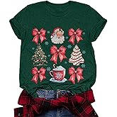 Merry Christmas Shirt for Women Coquette Bow Xmas T-Shirt Short Sleeve Santa Holiday Tee Tops