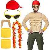 Kyson Wrestler Costume Accessories Set 6 Pcs Muscle Shirt Boa Bandana Sunglasses Wristband Beard Halloween Wrestling Party
