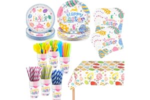 OCEANWINGS 193PC Easter Party Plates Supplies Kit Party Decorations Tableware Set Includes Disposable Plates, Napkins,Cups,Straw,Knife,Fork,Spoonand Touchdown Tablecloth for Birthday Holiday Party,Serves 24