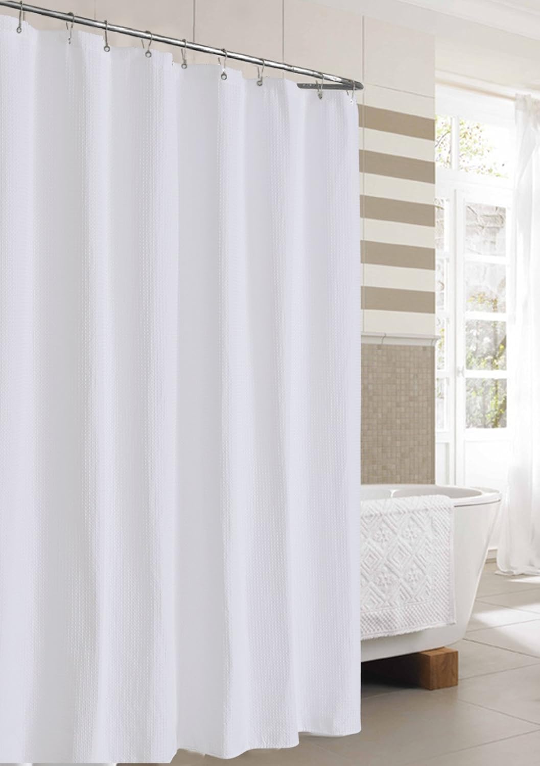 Waffle Weave Fabric Shower Curtain 230 GSM Heavy Duty, Spa, Hotel Luxury, Water Repellent, White Pique Pattern, 71 x 72 Inches Decorative Bathroom Curtain: Home & Kitchen