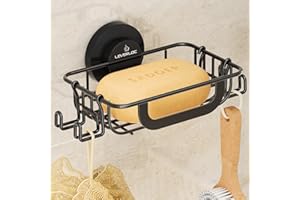 LEVERLOC Soap Holder Dish with Hooks for Shower, Bar Suction Cup Soap Tray Wall Mounted, Rustproof Stainless Steel Sponge Holder Caddy for Bathroom Bathtub Kitchen Sink, Black