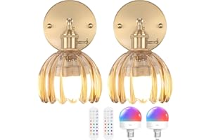 Shenmoyl Vintage Battery Operated Wall Sconce with Cute Amber Tulip Glass Lampshade Wireless Rechargeable Battery Powered Wall Light with Remote Control for Bedside Bedroom Doorway, Set of 2