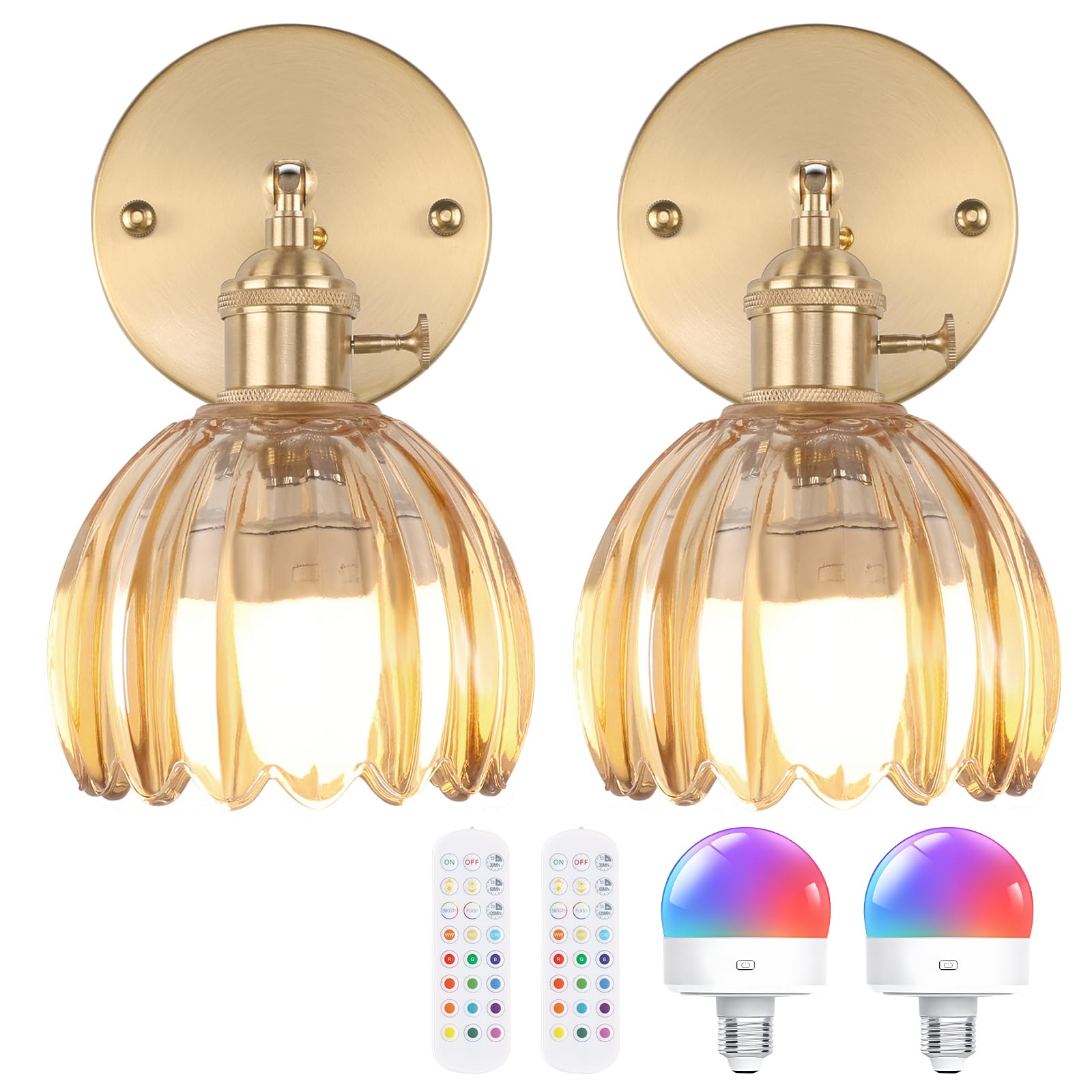 Photo 1 of Shenmoyl Vintage Battery Operated Wall Sconce with Cute Amber Tulip Glass Lampshade Wireless Rechargeable Battery Powered Wall Light with Remote Control for Bedside Bedroom Doorway, Set of 2