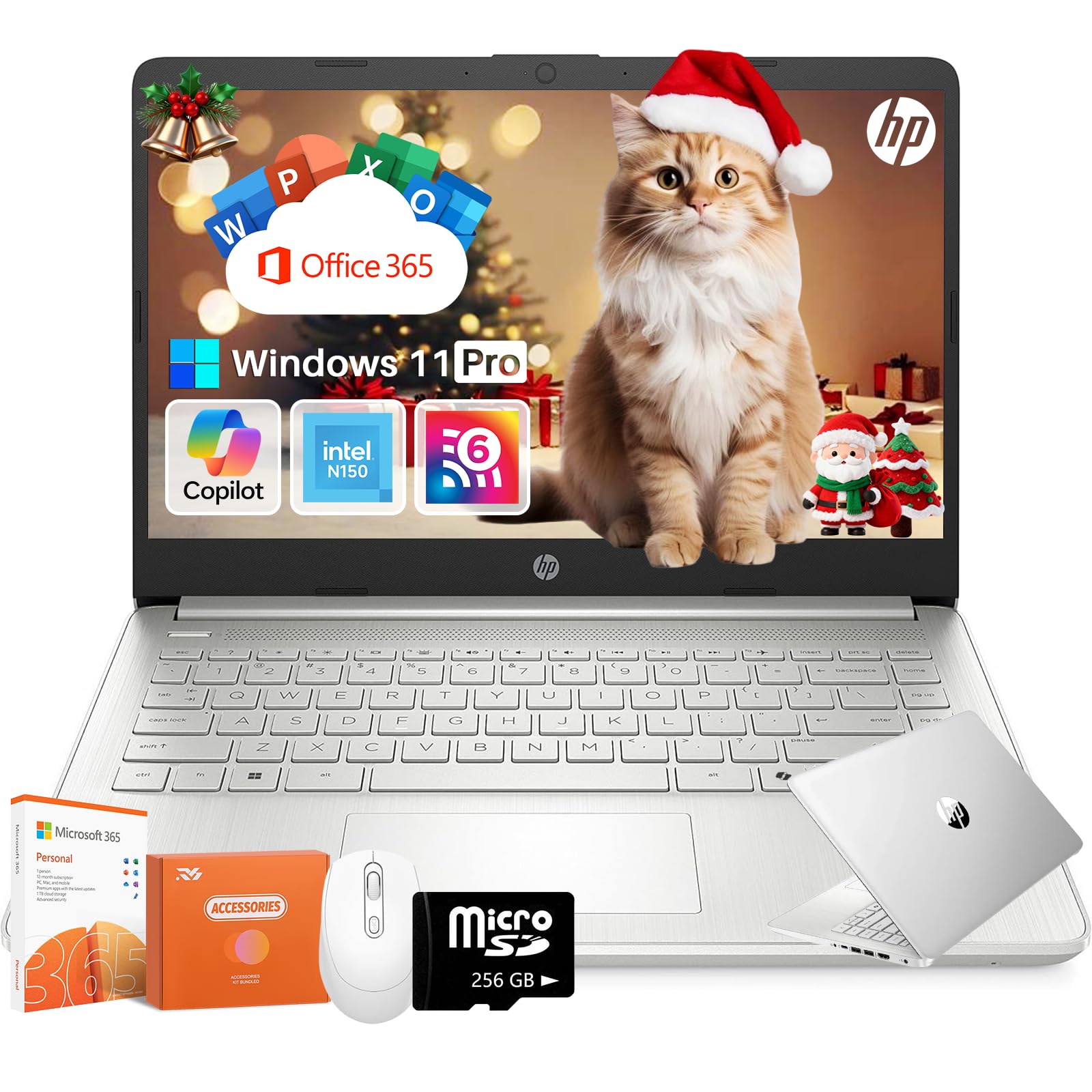 HP 14 inch Laptop for Student Business, Intel Processor N150, 16GB RAM, 384GB Storage(128GB eMMC+256GB MSD), Copilot AI, Windows 11 Pro, Wi-Fi 6, HD Camera, 1 Year Microsoft 365, Long Battery Life