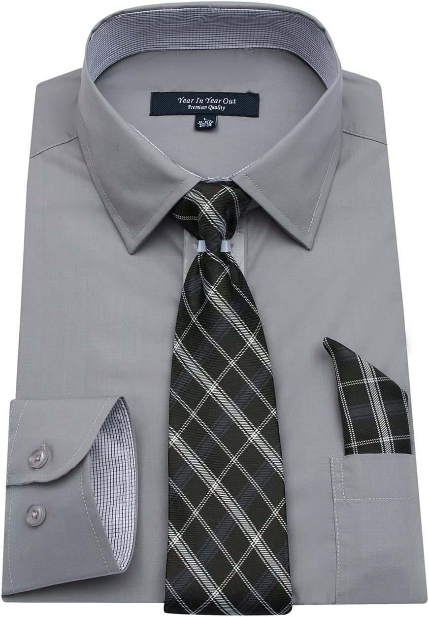 YEAR IN YEAR OUT Mens Long Sleeve Dress Shirts Slim Fit Shirts For Men With Mathing Tie and Handkerchief,Grey,15"-15.5" Neck 32"-33" Sleeve