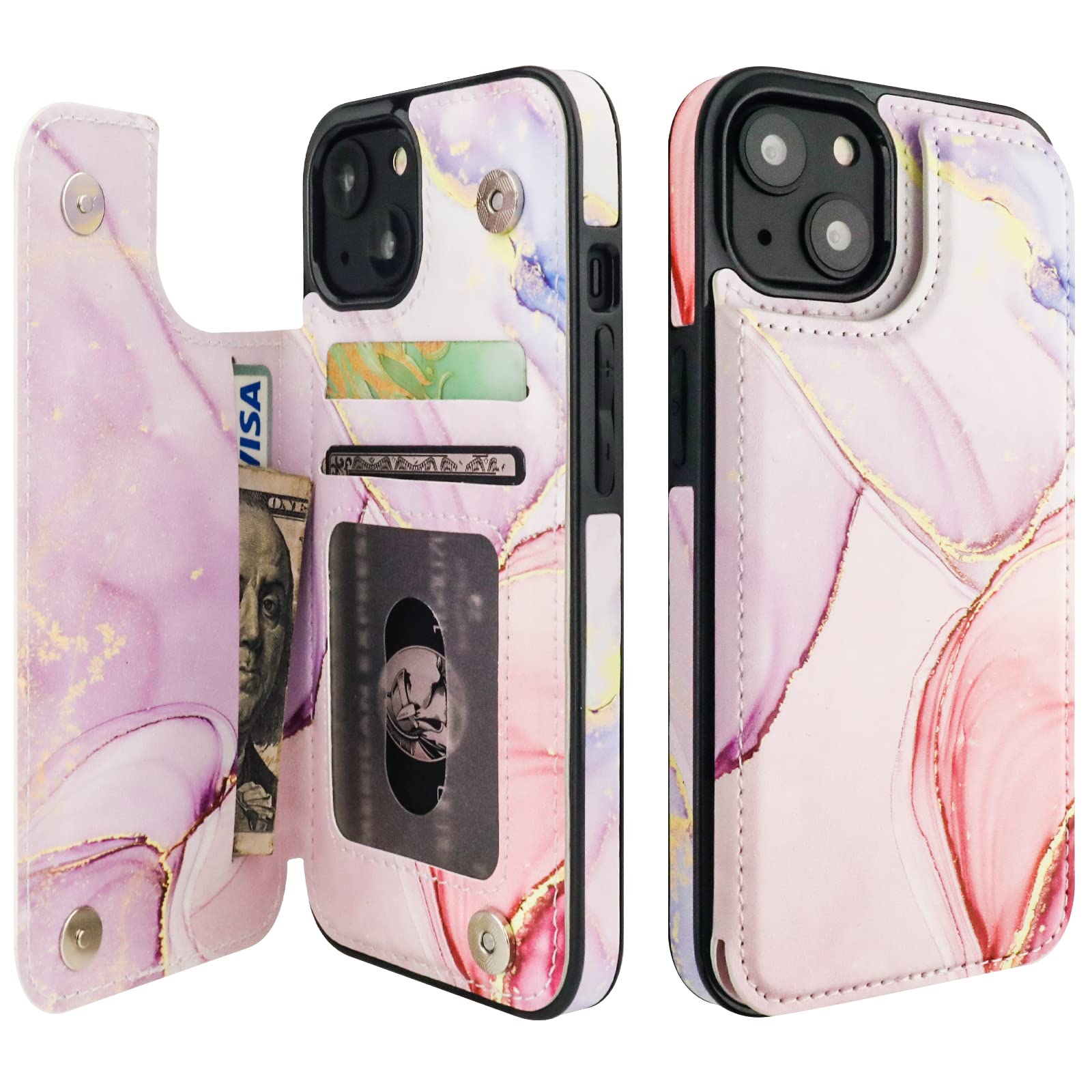 Photo 1 of HAOPINSH for iPhone 13 Case Wallet with Card Holder, Pink Marble Pattern Back Flip Folio PU Leather Kickstand Card Slots Case for Women Girls, Double Magnetic Clasp Shockproof Cover 6.1"