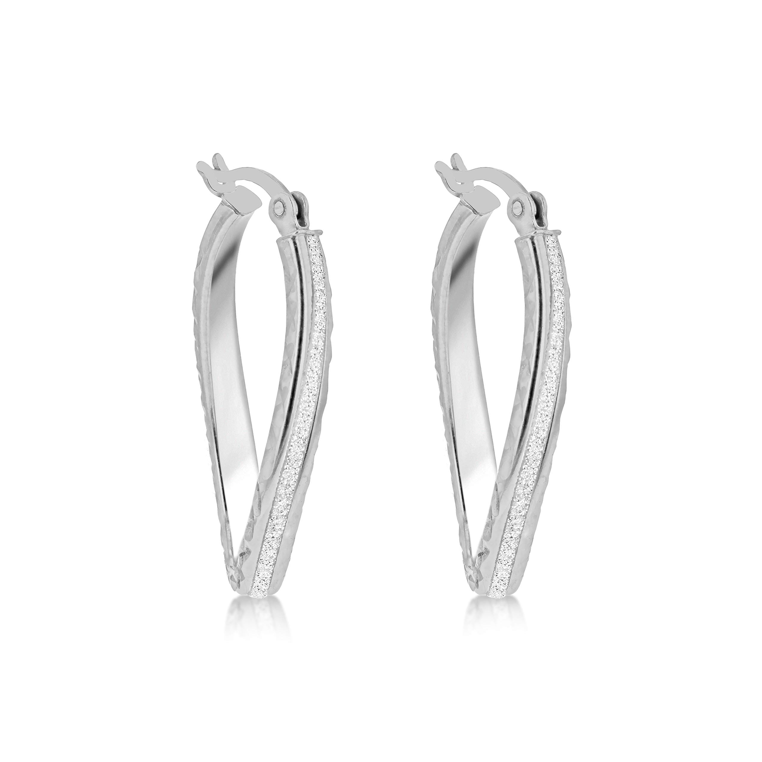 Tuscany Silver Women's Sterling Silver Rhodium Plated Textured Stardust Twist Oval Creole Earrings