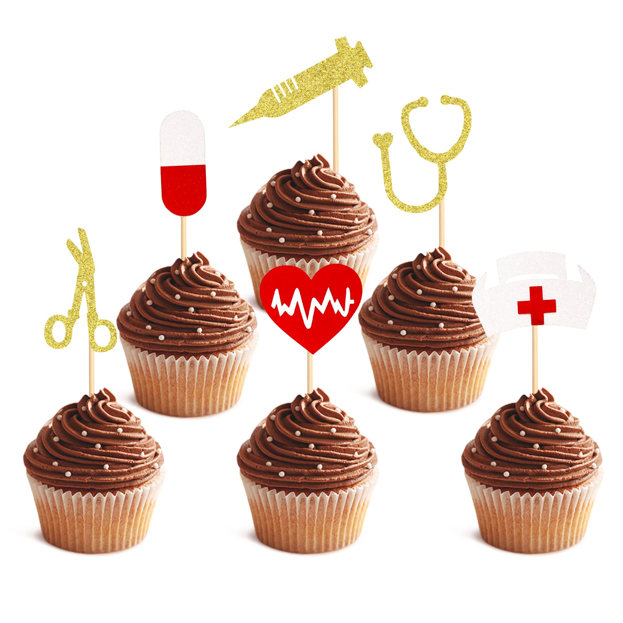 Blumomon 24Pcs Glitter Nursing Cupcake Toppers Nurse Graduation Cake Topper Decorations for Medical Rn Themed Birthday Party Cake Decoration Supplies