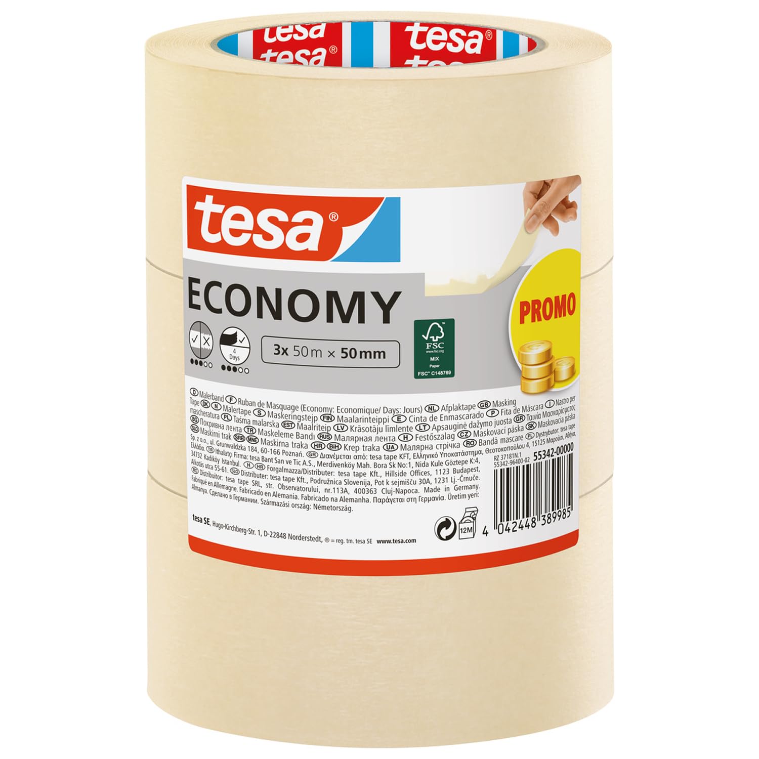 tesa Masking Tape Economy EcoLogo - Painters Tape, 4 Days Residue-Free Removal, Without Solvent - Narrow, 3X 50 m x 50 mm