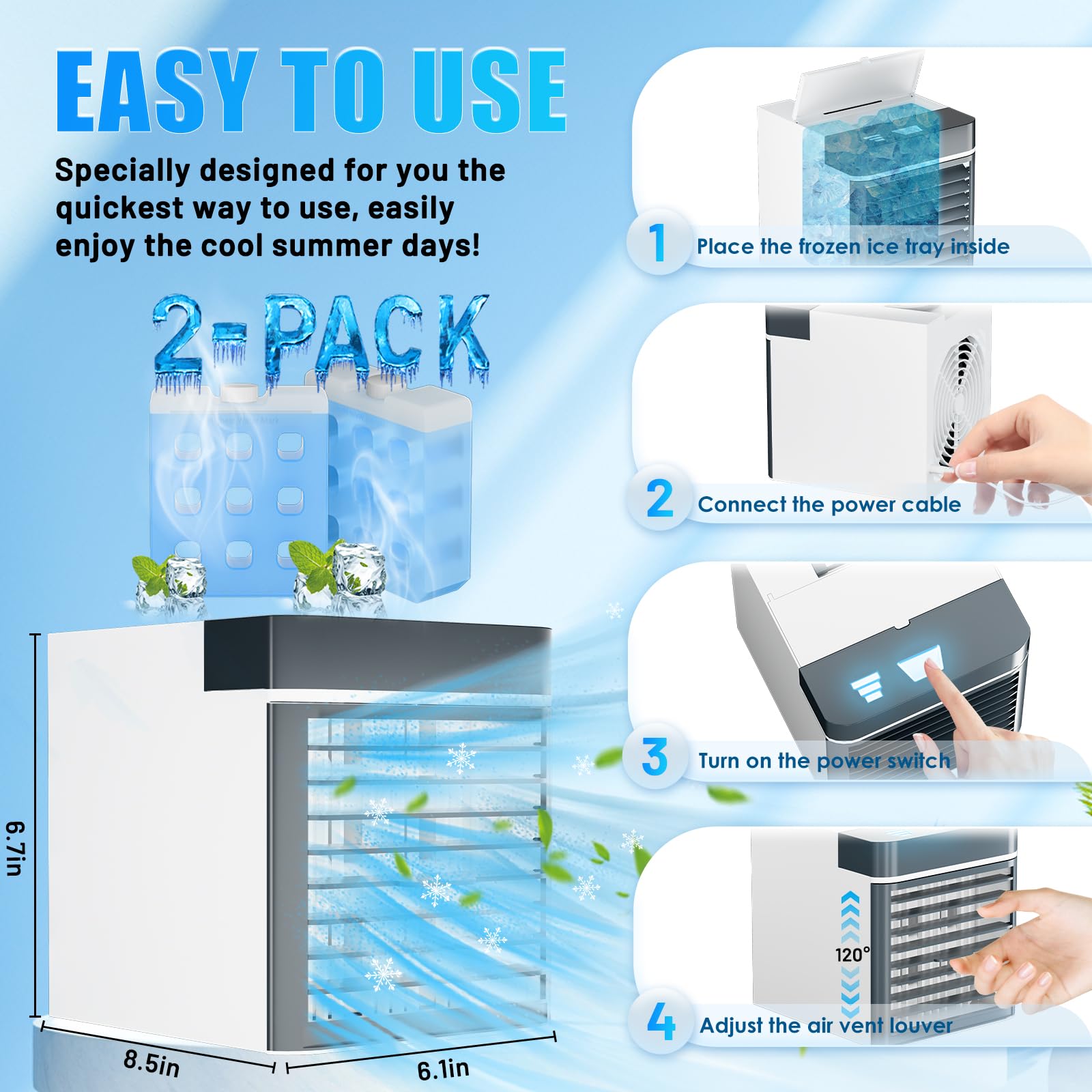 Portable Air Conditioners Fan, Mini Air Conditioner with 2 Ice Packs, 3 Speed Anti-leakage Water Personal Ice Air Cooler for Room Desk Office Home Tent（Lt02）