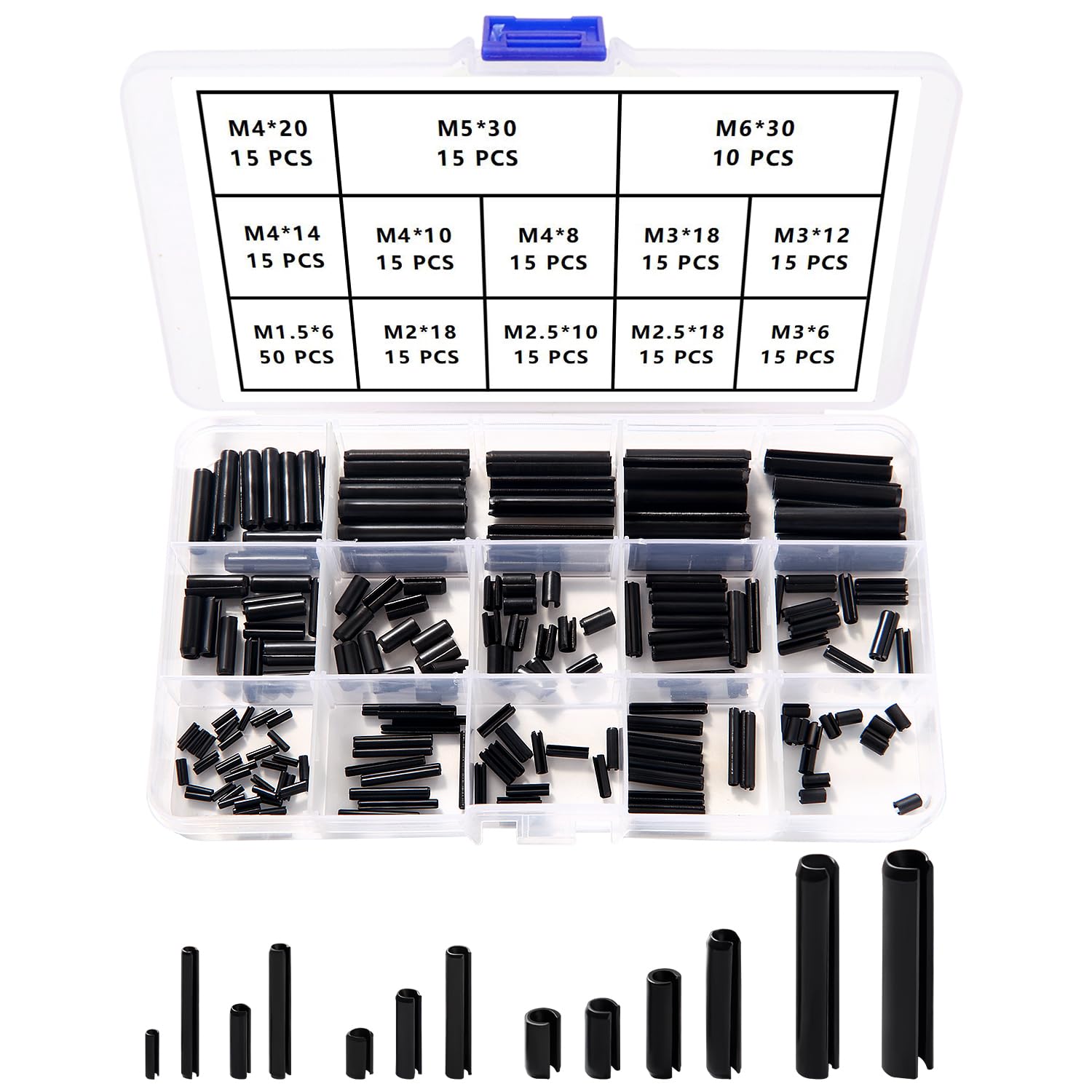 YIXISI 225 PCS 13 Sizes M1.5 / M2 / M2.5 / M3 / M4 / M5 / M6 Roll Pins Assortment Set, Split Spring Dowel, Tension Roll Pin Assortment Kit, for Home Improvement Automotive Repair