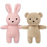 okegztoa 2 Pack Cotton Baby Plush Stuffed Animals Cute Rabbit and Teddy Bear Knitted Plush Toy Gifts for Kids and Newborns, Handmade Crochet Doll for Christmas, Easter (Bunny+Teddy Bear)