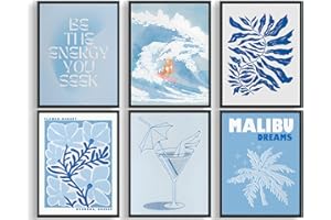 QIYFFBN 6Pcs Blue Coastal Surf Cowgirl Wall Art Vintage Flower Market Canvas Prints Girly Dorm Trendy Preppy Aesthetic Posters Light Blue Cocktail Glass Pictures Wall Decor Unframed (8x10in x6Pcs)