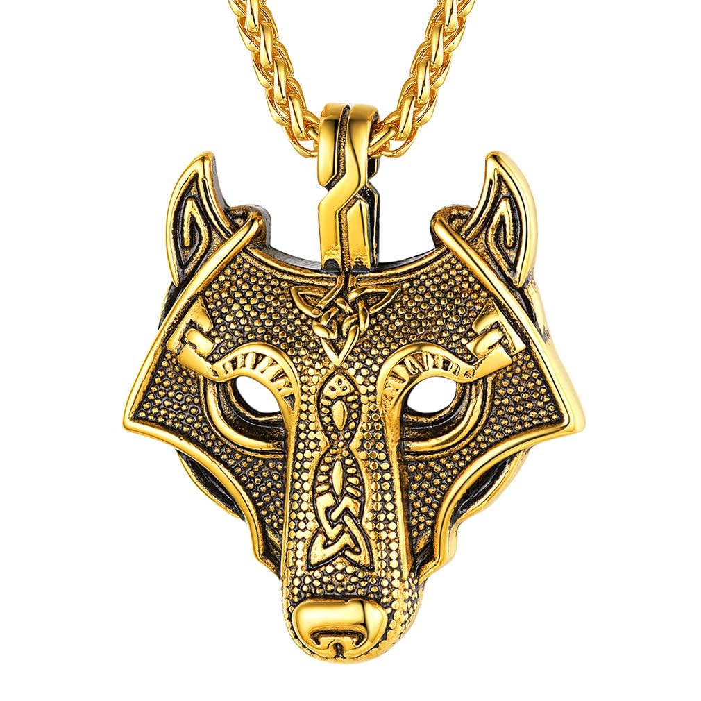 FaithHeart Stainless Steel Wolf Head Pendant Talisman Jewellery Gold Plated Wolf Amulet Necklace Norse Viking Fenrir Neck Charm Nordic Gifts for Mom