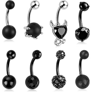 CrazyPiercing 8Pcs Gothic Belly Button Rings 14G Black Belly Button Rings 316L Stainless Steel Opal Navel Rings Barbells Pier