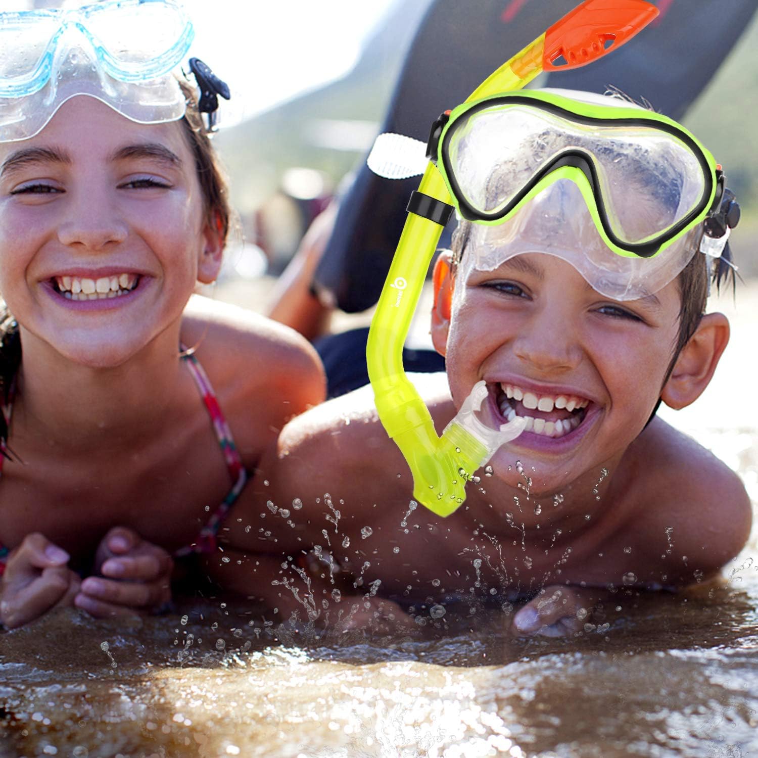 Odoland 6-in-1 Kids Snorkeling Packages Snorkel Set, Anti-Fog and Anti-Leak Full Face Snorkel Mask with Adjustable Swim Fins, Beach Blanket and Waterproof Case for Boys and Girls Age 9-15 Yellow : Sports & Outdoors