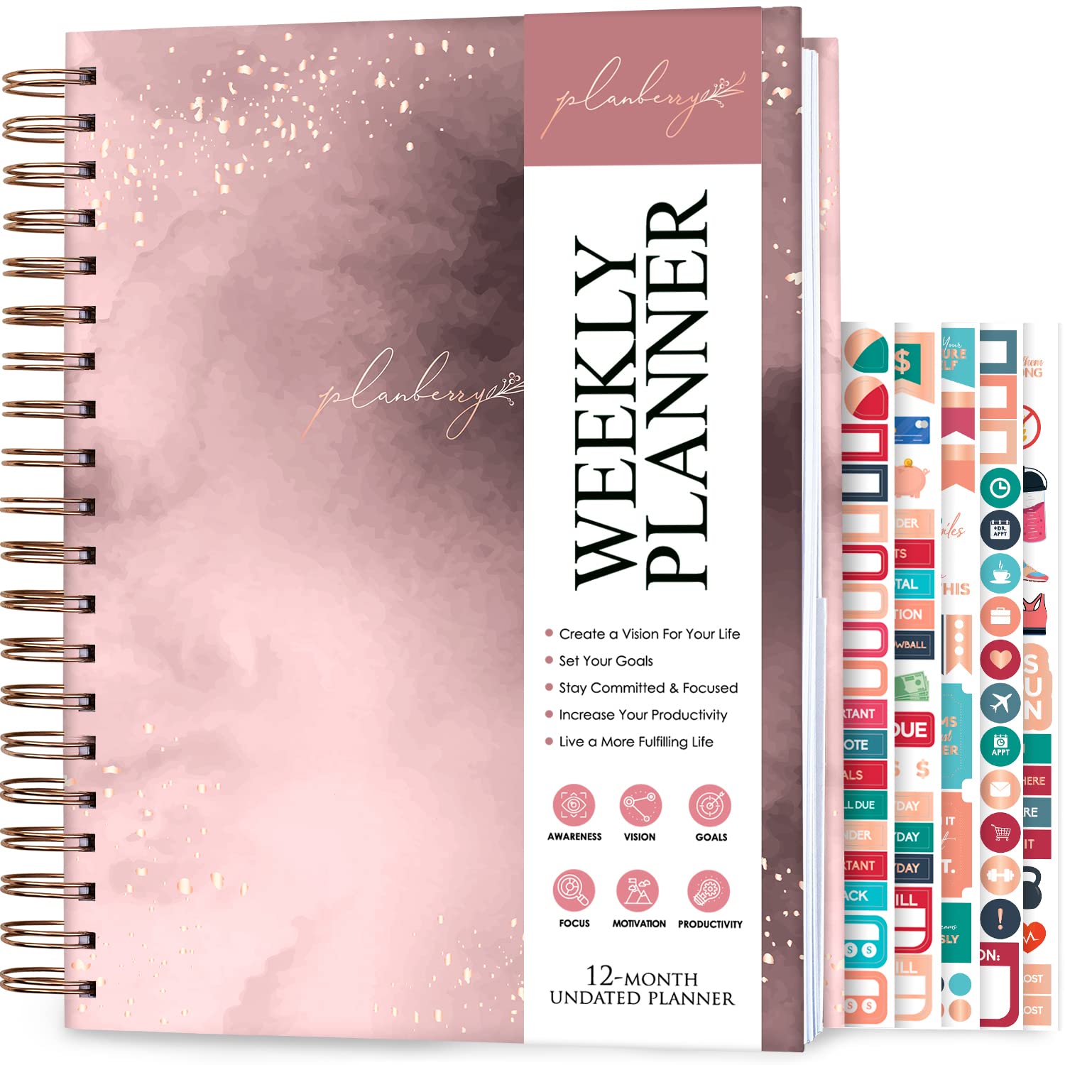 PLANBERRY Weekly Planner Large – Elegant Life & Budget Planner to Hit Your Goals & Live Happier - Organizer & Productivity Journal - 20x27cm Hardcover, Undated + Stickers (Rose Gold)