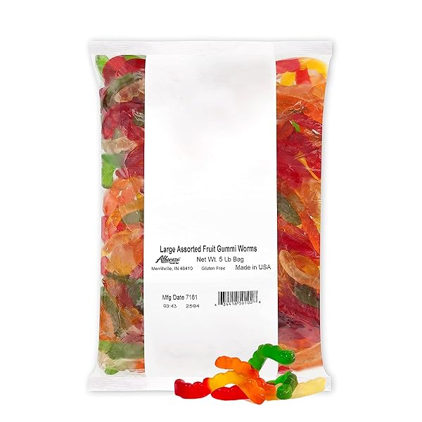ALBANESE CANDY, LARGE ASSORTED FRUIT GUMMI WORMS, 5-POUND BAG