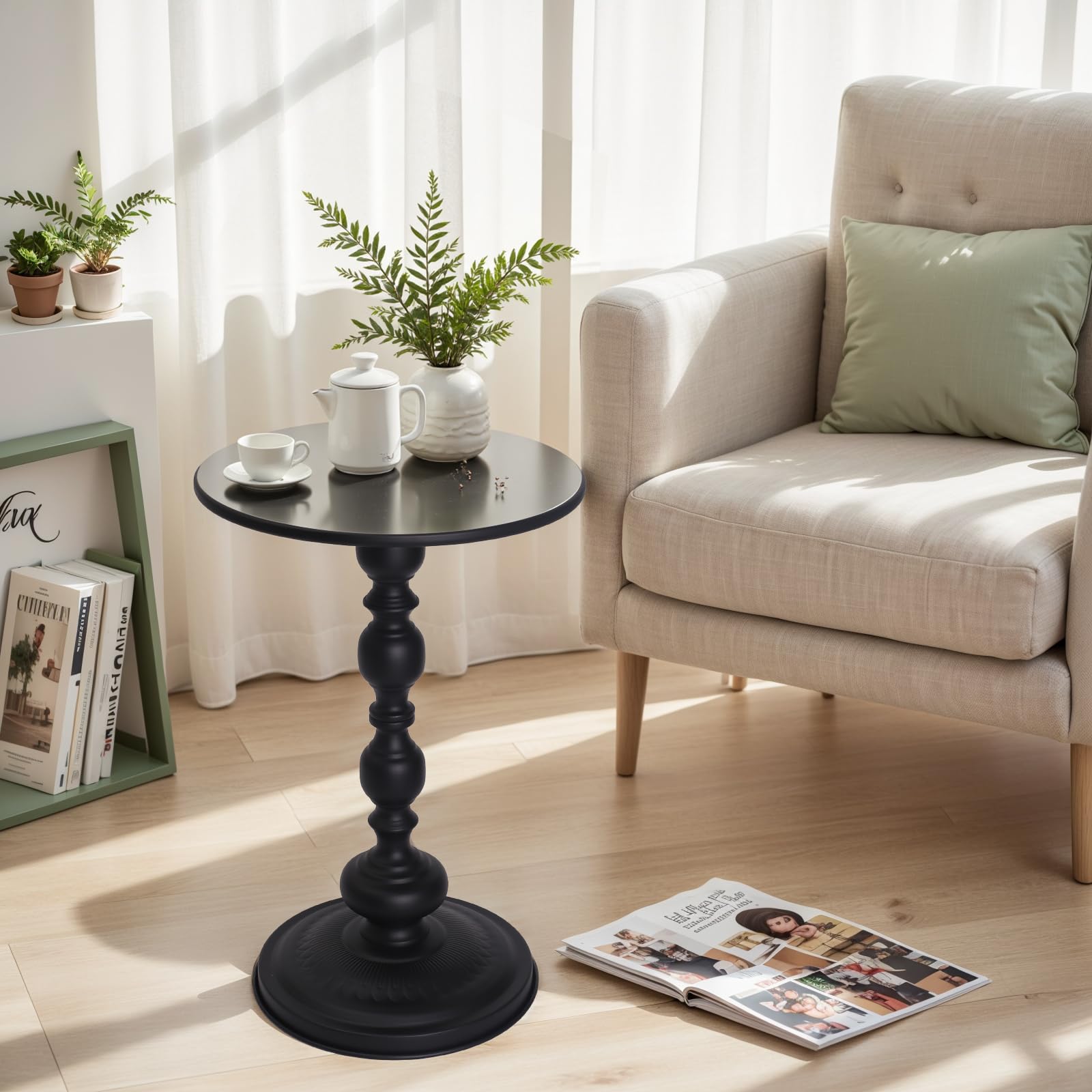 Photo 1 of OIKASSU Metal Small Round End Table,Vintage Bedside Drink Table Nightstand for Small Spaces,Modern Accent Pedestal Tables Coffee Tables for Living Room, Bedroom, Corners, Patio,Black