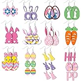 Misdary 12 Pairs Easter Earrings for Women Easter Bunny Egg Wooden Earrings Colorful Dangle Cute Spring Jewelry Gifts