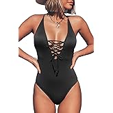 CUPSHE Women's Solid Color V Neck Lace Up One Piece Swimsuit