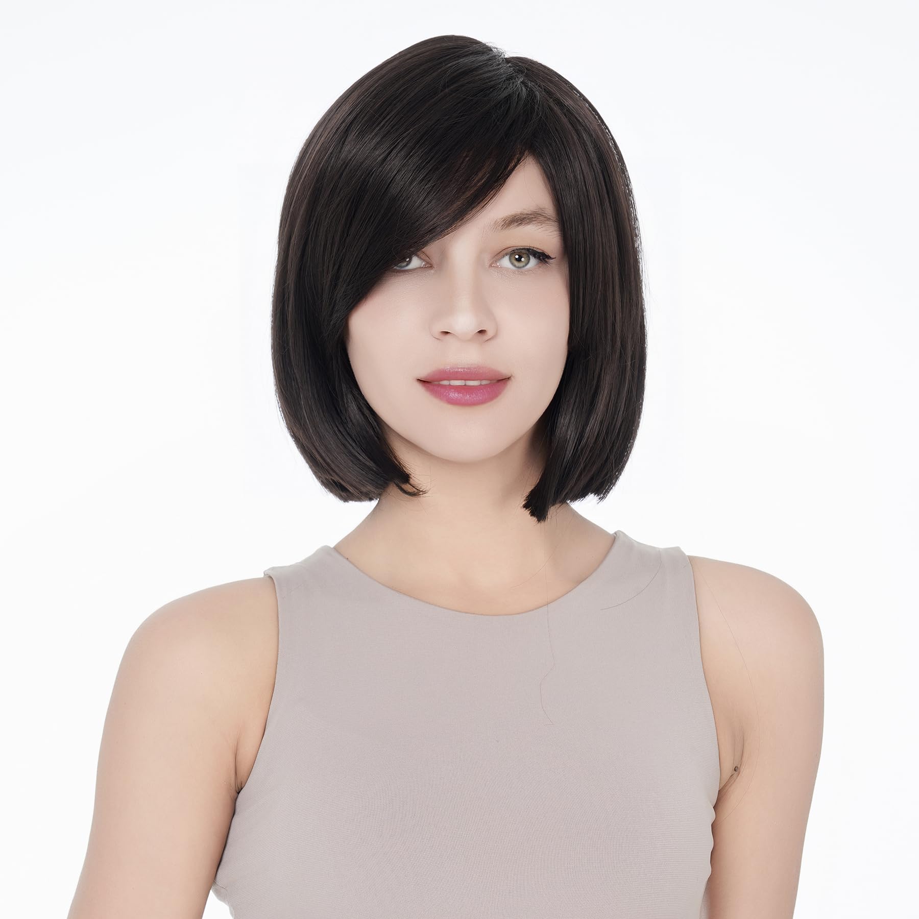 Lydell 8" Straight Short Wigs Bob Hair with Bangs Cute Central Dot Top Heat Resistant Synthetic Wigs (Dark Brown) โ image 1