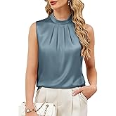 Funlingo Womens Tank Tops Summer Sleeveless Dressy Casual Silk Satin Blouses Mock Neck Tunic Shirts Trendy Office Work Wear Grey Blue S
